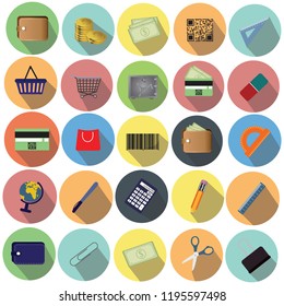 Modern design vector illustration of a flat icon set with a long shadow style of financial services, business management, bank account and cash objects. Isolated on white background. Vector