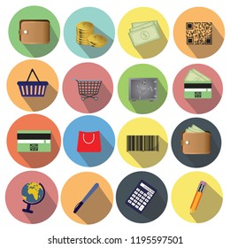 Modern design vector illustration of a flat icon set with a long shadow style of financial services, business management, bank account and cash objects. Isolated on white background. Vector