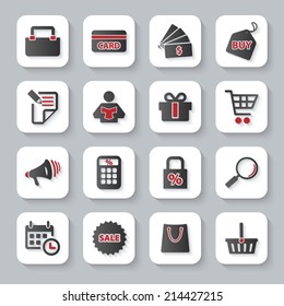 Modern design vector illustration flat icon set with long shadow style of shopping objects. Isolated on gray background.