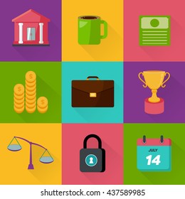Modern design vector illustration flat icon with long shadow style of financial service items, business management symbol, banking accounting and money objects. On white background.