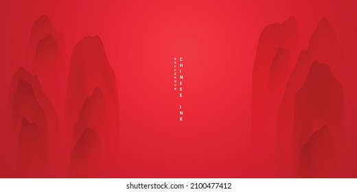 Modern design vector illustration of gorgeous Chinese ink landscape painting on red background.