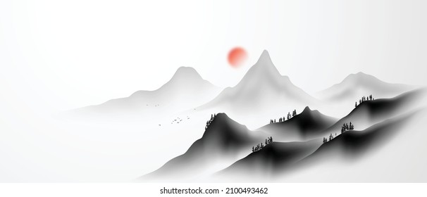 modern design vector illustration of a gorgeous chinese ink landscape painting