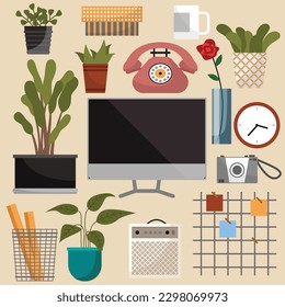 Modern design vector interior items set concept of creative office room inside workspace, workplace. Icon collection business work flow elements, things, equipment, objects isolated on background