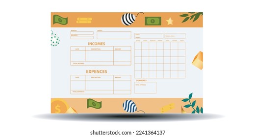 Modern design Vector planner pages templates. Daily, weekly, monthly, project, budget and meal planners with vector asset illustration for budget plan on eps 10 format