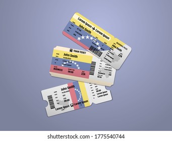 Modern design of Venezuela airline, bus and train travel boarding pass. Three tickets of Venezuela painted in flag color. Vector illustration isolated