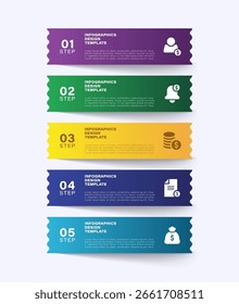 Plantilla de infografía de Vertical de diseño moderno. Pegatinas con bordes ondulados. Cinco pasos de los procesos de marketing infografía