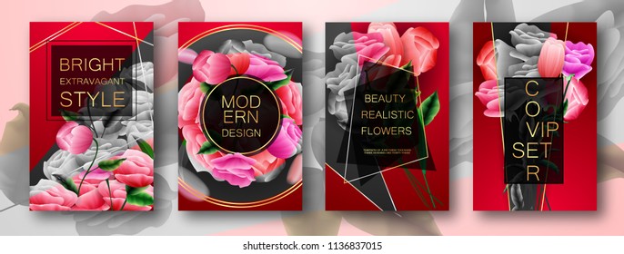 Modern Design Voucher Cover Set 
Luxurious Red and Negative Color, Flowers, Rose, Tulips. Vip Black Style Frame For Text. Used on Flyers Banners or Web. Design Business Cards, Invitation. EPS 10.