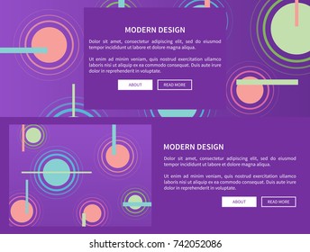 Modern design web pages set of two geometric abstract figures circles with headline and text sample with buttons in frame vector illustration