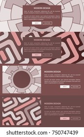 Modern design web pages set of burgundy pictures with lines and circles making mosaic with text, headline and sample vector illustration