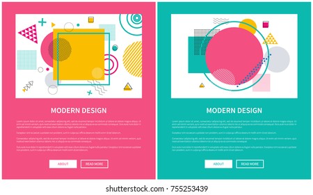 Modern design of web posters with buttons about and read more, cover for annual report, presentation page with geometric figures vector illustration set