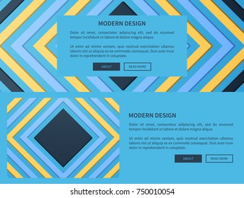 Modern design website pages set with title and text sample placed in frame and blue abstract with stripes and rectangular vector illustration