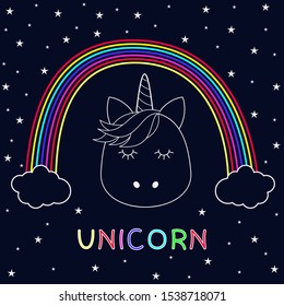 Modern design white line hand drawn unicorn with stars and colored neon rainbow isolated on black background. Vector illustration. Greeting card.
