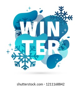 Modern design winter template banner with abstract geometric shape background. Cold blue style layout for season offer or sale with snowflake and fluid graphic dynamic decoration backdrop. Vector.