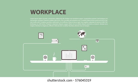 Modern design of workplace. Vector illustration in flat design. Office interior in monotone minimalistic style. Web banner and presentations template. 