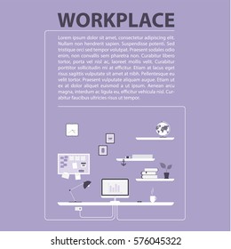 Modern design of workplace. Vector illustration in flat design. Office interior in monotone minimalistic style. Web banner and presentations template. 