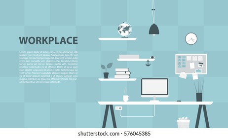 Modern design of workplace. Vector illustration in flat design. Office interior in monotone minimalistic style. Web banner and presentations template. 