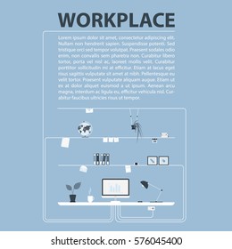 Modern design of workplace. Vector illustration in flat design. Office interior in monotone minimalistic style. Web banner and presentations template. 