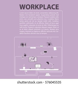 Modern design of workplace. Vector illustration in flat design. Office interior in monotone minimalistic style. Web banner and presentations template. 