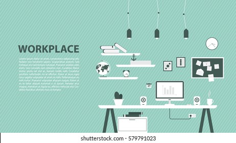 Modern design of workplace. Vector illustration in flat design. Office interior in monotone minimalistic style. Web banner and presentations template.