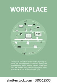 Modern design of workplace. Vector illustration in flat design. Office interior in monotone minimalistic style. Web banner and presentations template. Inscribed in a circle. 