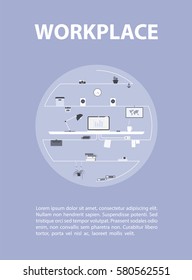 Modern design of workplace. Vector illustration in flat design. Office interior in monotone minimalistic style. Web banner and presentations template. Inscribed in a circle. 