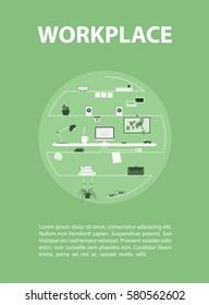 Modern design of workplace. Vector illustration in flat design. Office interior in monotone minimalistic style. Web banner and presentations template. Inscribed in a circle. 