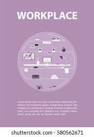 Modern design of workplace. Vector illustration in flat design. Office interior in monotone minimalistic style. Web banner and presentations template. Inscribed in a circle. 