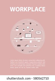 Modern design of workplace. Vector illustration in flat design. Office interior in monotone minimalistic style. Web banner and presentations template. Inscribed in a circle. 