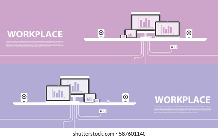 Modern design of workplace. Vector illustration in flat design. Office interior in monotone minimalistic style. Web banner and presentations template. 