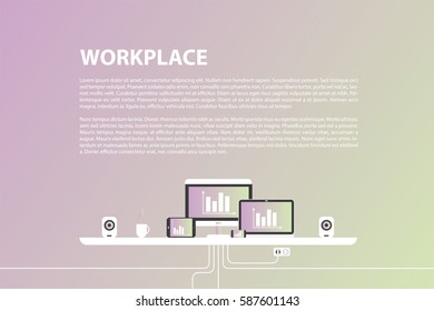 Modern design of workplace. Vector illustration in flat design. Office interior in monotone minimalistic style. Web banner and presentations template. 