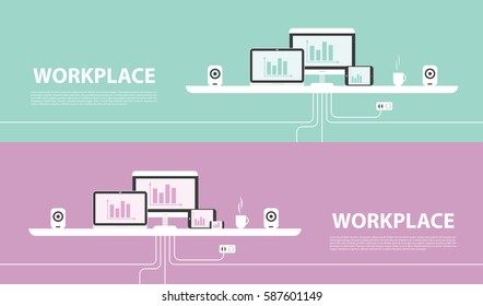 Modern design of workplace. Vector illustration in flat design. Office interior in monotone minimalistic style. Web banner and presentations template. 