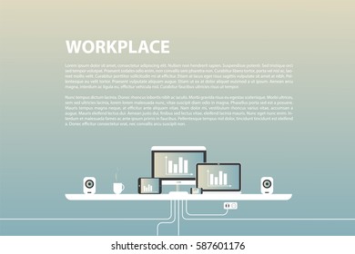 Modern design of workplace. Vector illustration in flat design. Office interior in monotone minimalistic style. Web banner and presentations template. 