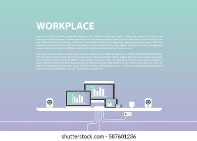 Modern design of workplace. Vector illustration in flat design. Office interior in monotone minimalistic style. Web banner and presentations template. 