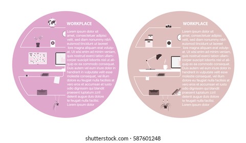 Modern design of workplace. Vector illustration in flat design. Office interior in monotone minimalistic style. Web banner and presentations template. 