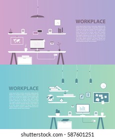 Modern design of workplace. Vector illustration in flat design. Office interior in monotone minimalistic style. Web banner and presentations template. 