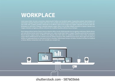 Modern design of workplace. Vector illustration in flat design. Office interior in monotone minimalistic style. Web banner and presentations template. 