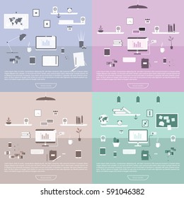 Modern design of workplace. Vector illustration in flat design. Office interior in monotone minimalistic style. Web banner and presentations template. 
