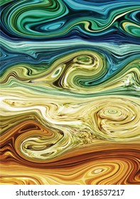 Diseño moderno.Textura de mármol abstracta en tonos azules y anaranjados, pinturas líquidas. Ilustración vectorial del mar y la arena.