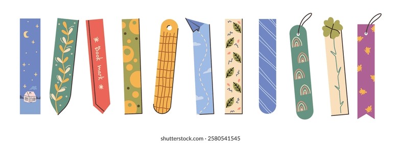 Modern designed bookmarks set. Vector isolated strips of leather, cardboard or other material to mark place in book. Separator for notebook with abstract style and rainbows, house and leaves
