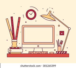 Modern designer work space, linear style. Computer, lamp, keyboard, books, design tools in trendy colors.