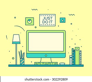 Modern designer work space, linear style. Computer, lamp, keyboard, books, design tools, inspirational poster in trendy colors.