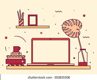 Modern designer work space, linear style. Computer, lamp, keyboard, books, design tools in trendy colors.