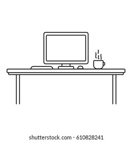 Modern designer work space, linear style. Computer, cup, keyboard and mouse in outline style. Black and white illustration