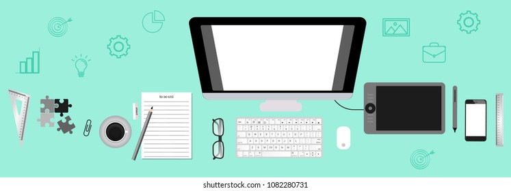 modern designer workspace with desktop computer developer work place, artist equipment in office interior. vector illustration of banner design.