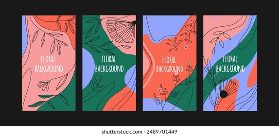 Modern designs of vertical posters with colourful floral background set. Templates of stories in social media, networks with abstract outline flowers and place for text. Flat vector illustrations