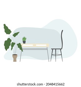 Modern desk and black gourd and green plants grown indoors , isolated on white background ,  Flat cartoon flat style. illustration Vector EPS 10