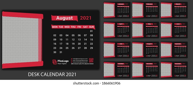 Modern desk calendar 2021 template design in red. This planner daily organizer illustration is simple clean minimal as 2021  schedule 