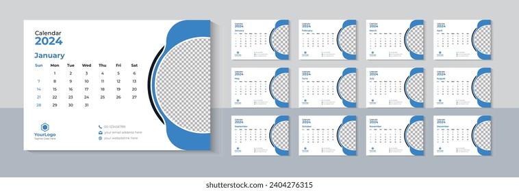 Modern Desk Calendar 2024, Business Calendar 2024, New Year 2024, 12 Months Included