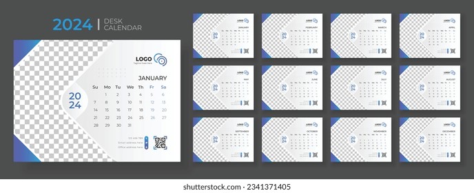 Modern Desk Calendar 2024, Office Calendar 2024,Week startet sonntags, Vorlage für den Jahreskalender 2024.