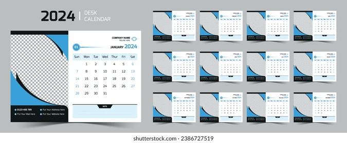 Modern desk calendar 2024 | Office calendar 2024 | Week Starts on Sunday | Corporate template design for annual calendar 2024.